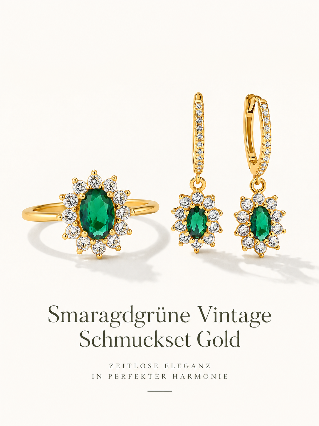 Smaragdgrünes Vintage Schmuckset Gold mit Ring und Creolen mit grünen und weißen Zirkonia