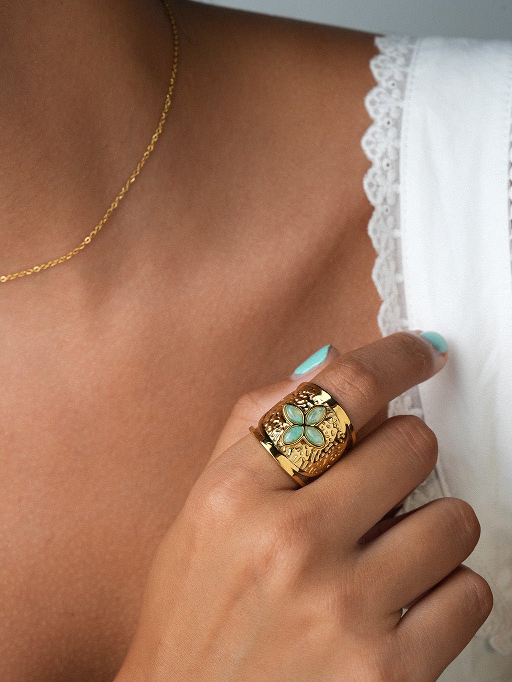 Amazonit Blüten Ring Gold - Dorose | Wasserresistent, kein Verfärben