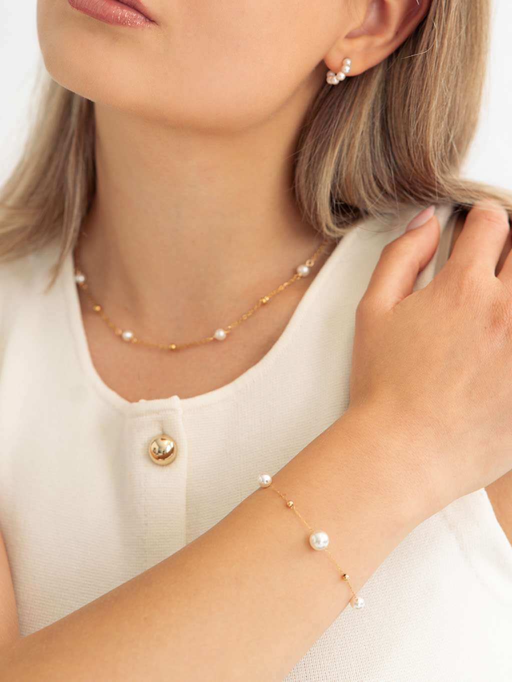Ball and Pearl Armband Kette Gold Schmuck Set - Dorose | Wasserfester Schmuck, 18K vergoldet