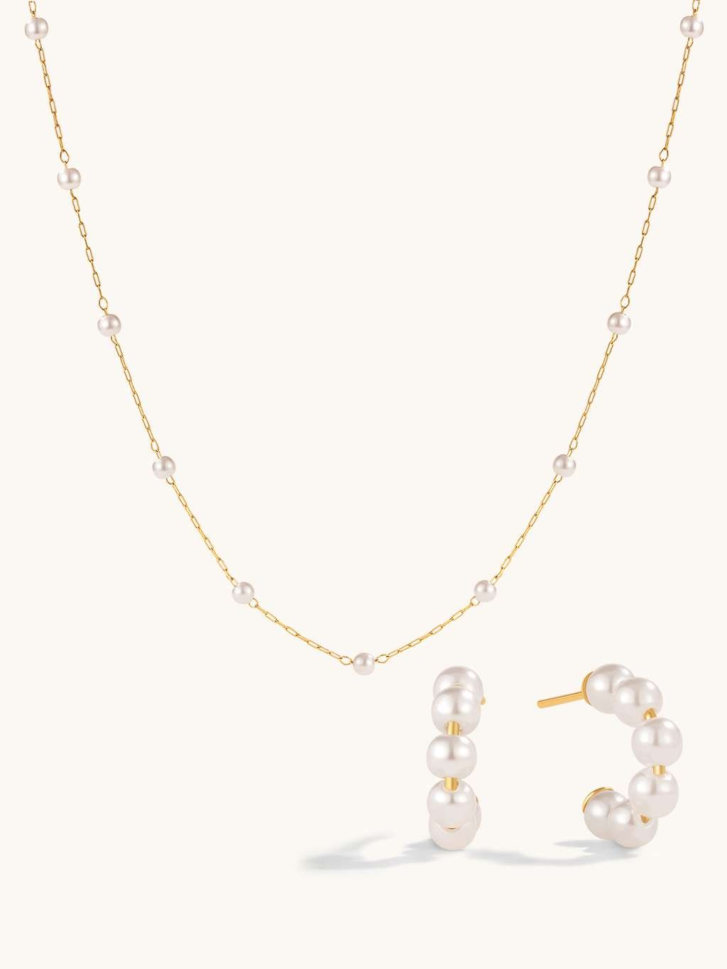 C Mini Pearl Ohrstecker Mini Pearl Kette Gold Schmuck Set - Dorose | Wasserfester Schmuck, 18K vergoldet