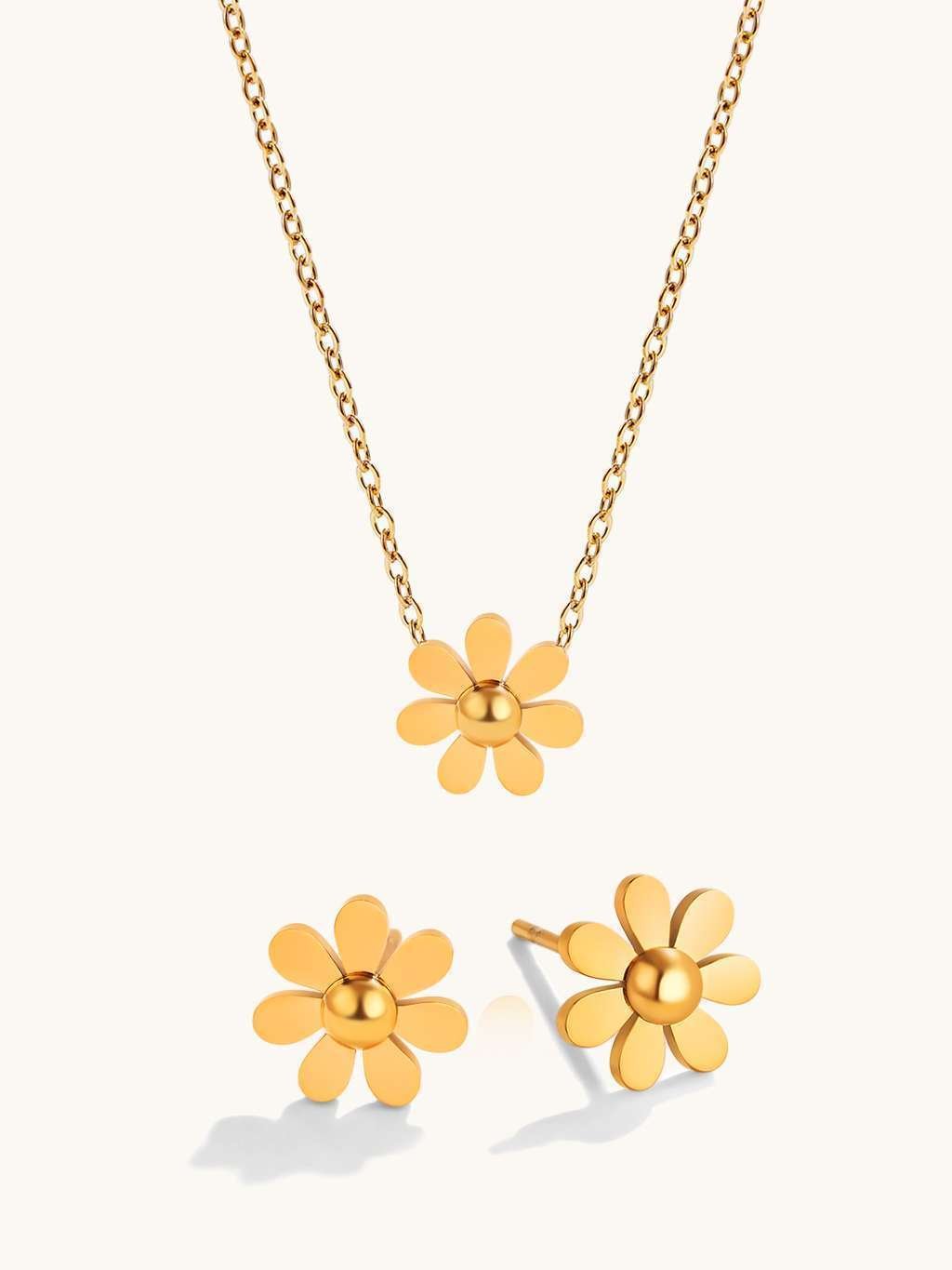 Daisy Kette & Ohrstecker Schmuck Set - Dorose | Wasserfester Schmuck, 18K vergoldet
