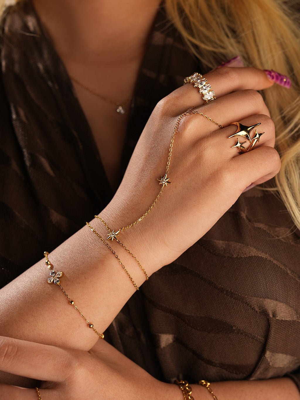 Doppel - Sternzirkonia Finger - Armband Gold - Dorose | Wasserresistent, kein Verfärben