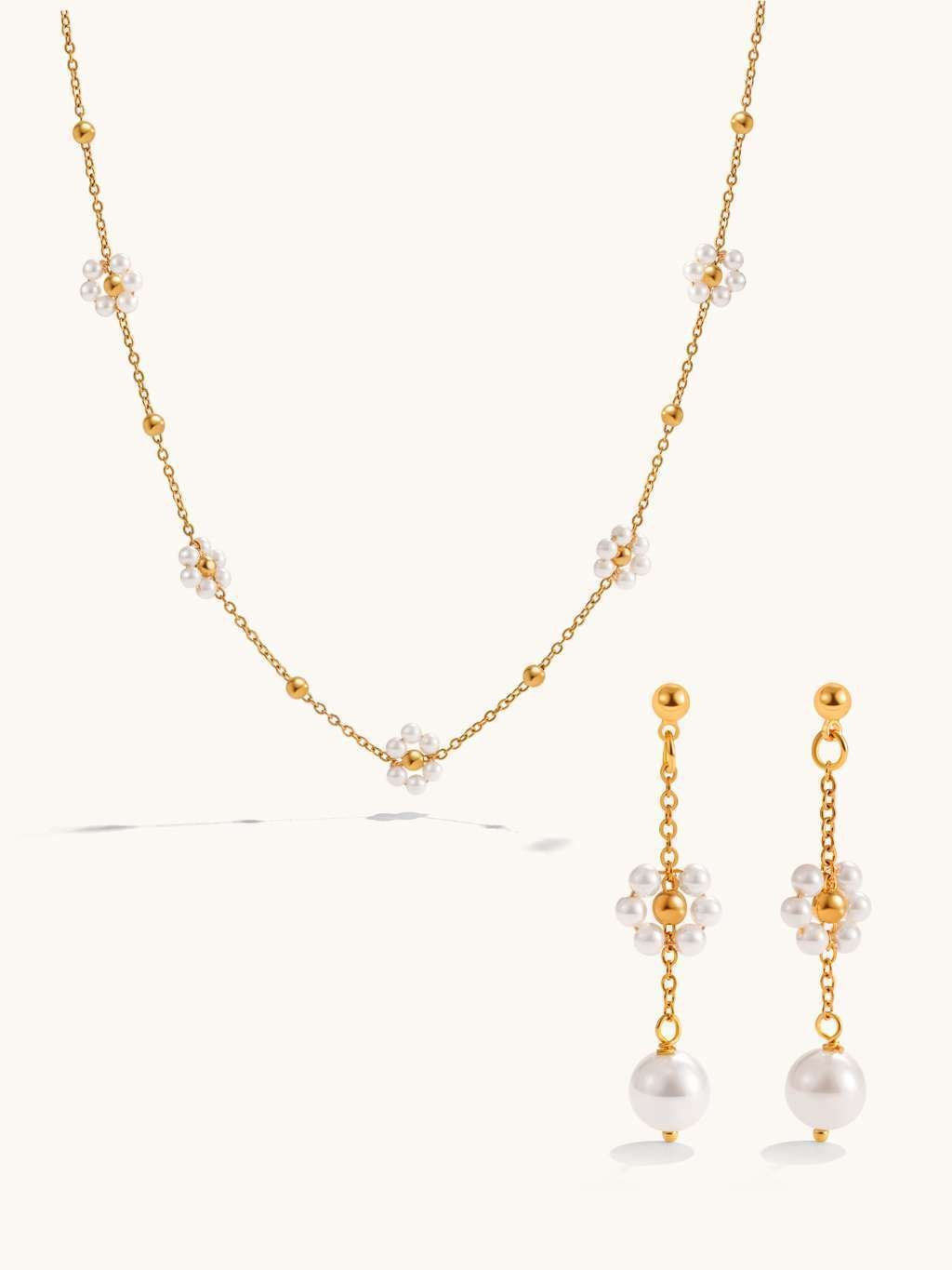 Flower Pearl Halskette & Ohrringe Schmuck Set - Dorose | Wasserfester Schmuck, 18K vergoldet