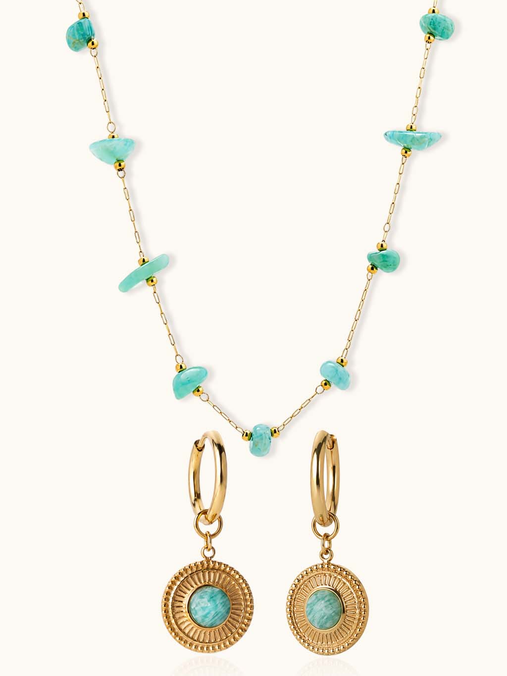 Handgefertigte Halskette & Amazonit Medaillon Creolen Schmuck Set - Dorose | Wasserresistent, kein Verfärben