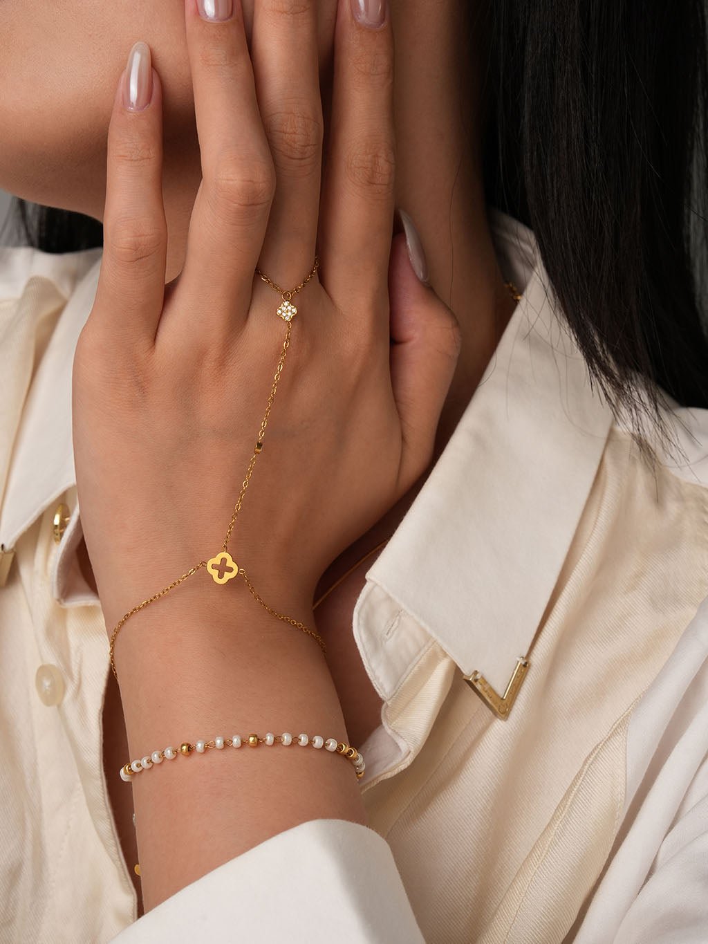 Kleeblatt Handkette Gold mit Zirkonia - Dorose | Wasserresistent, kein Verfärben