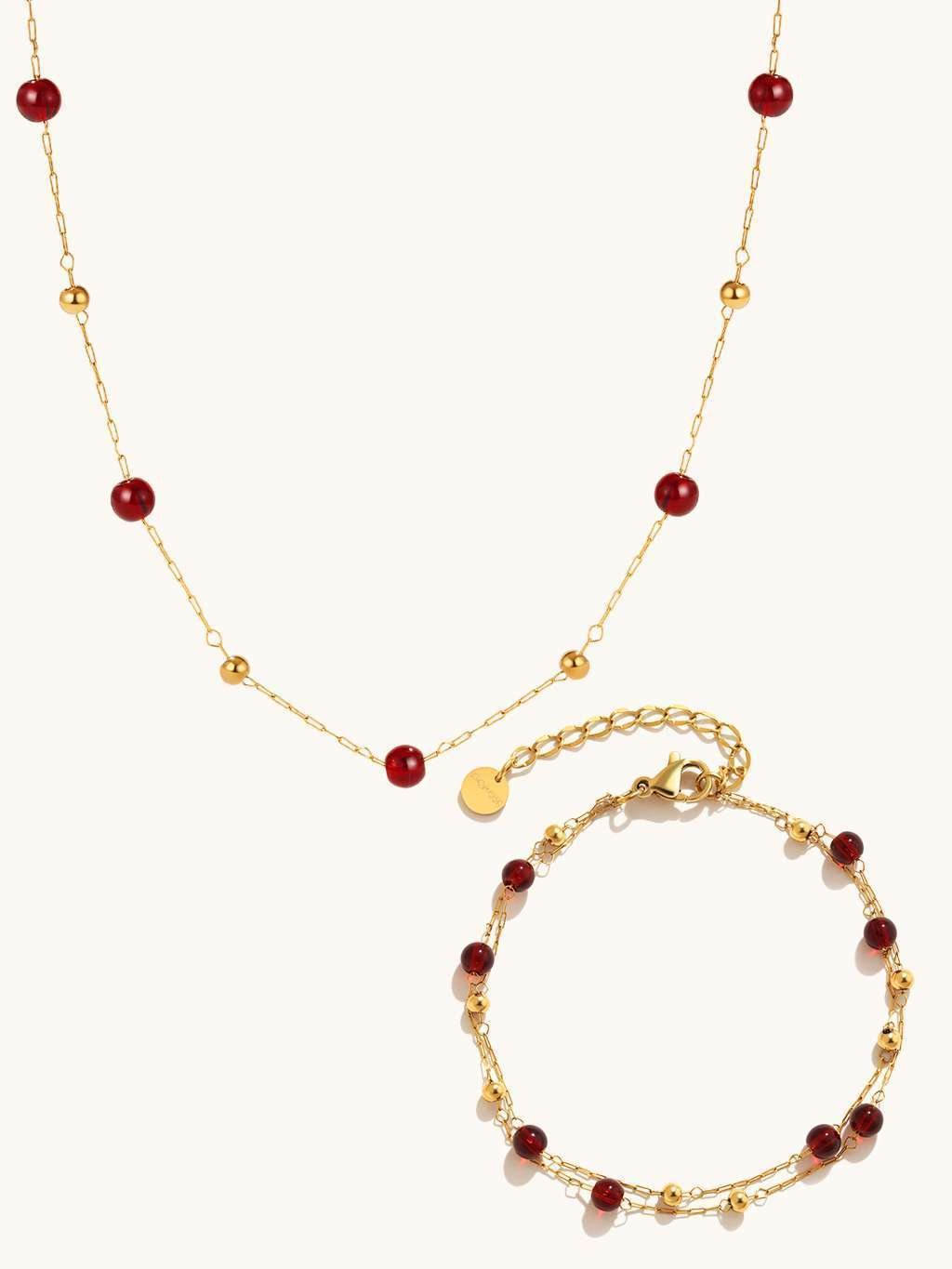 Red Bead Kette & Armband Schmuck Set - Dorose | Wasserfester Schmuck, 18K vergoldet