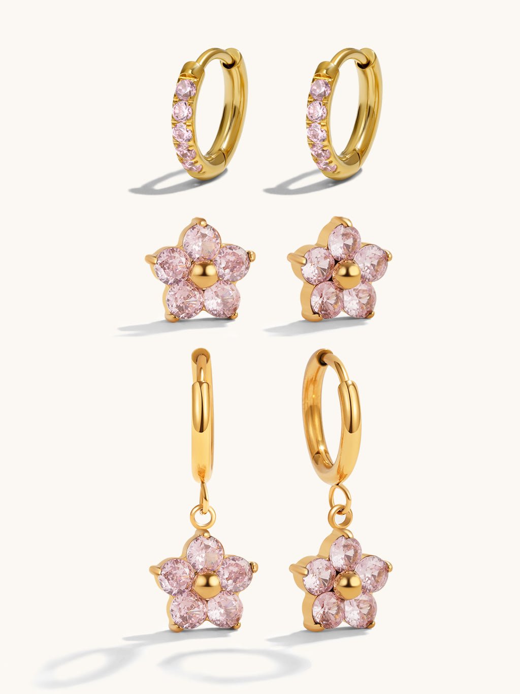Rosa Blumen Ohrringe Drei - Teile Schmuckset - Dorose | Wasserfester Schmuck
