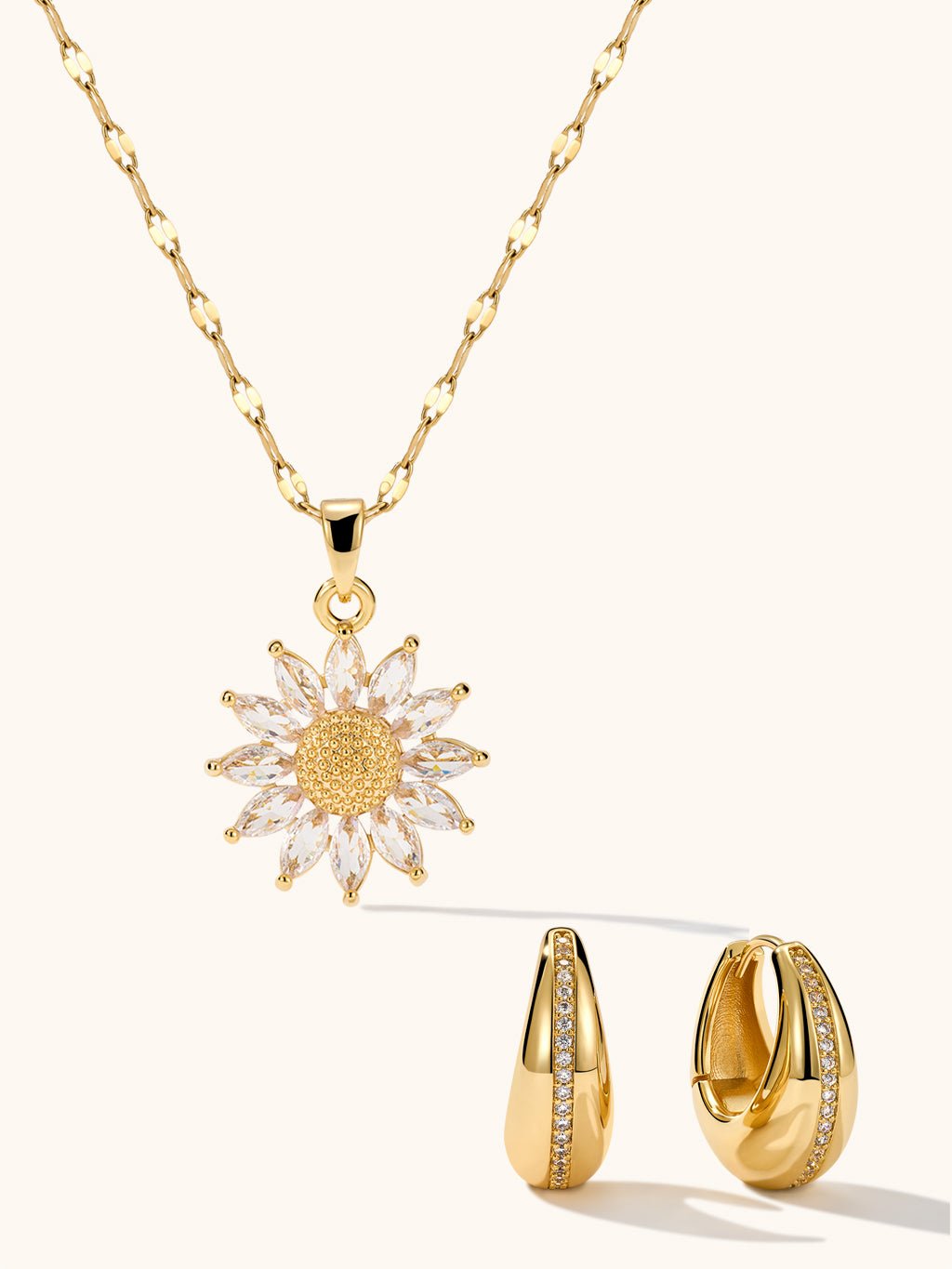 Sparkling Sunflower Kette Ovale Hoops Ohrringe Gold Schmuck Set - Dorose | Wasserresistent, kein Verfärben