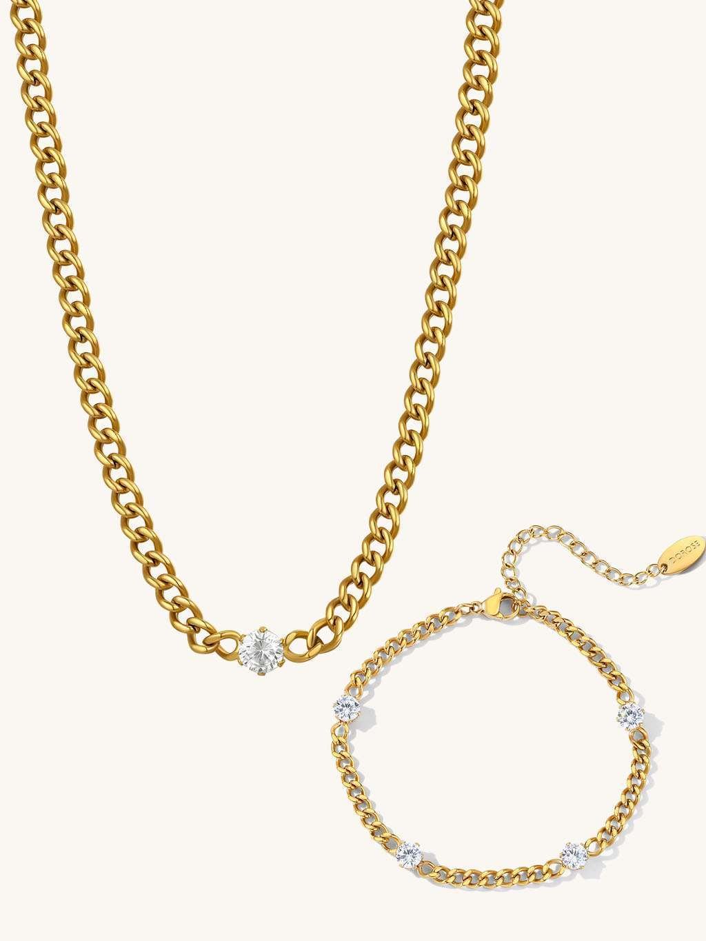 Umwerfendes Set: Panzerkette + Armband mit Zirkoniasteinen - Dorose | Wasserfester Schmuck, 18K vergoldet