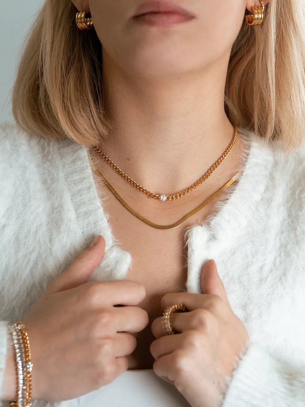 Umwerfendes Set: Panzerkette + Armband mit Zirkoniasteinen - Dorose | Wasserfester Schmuck, 18K vergoldet