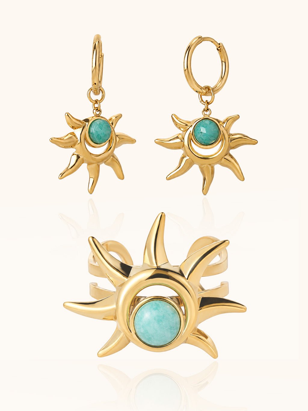 Amazonit Sonnenohrringe & Sonnenring Gold Schmuck Set - Dorose | Wasserresistent, kein Verfärben