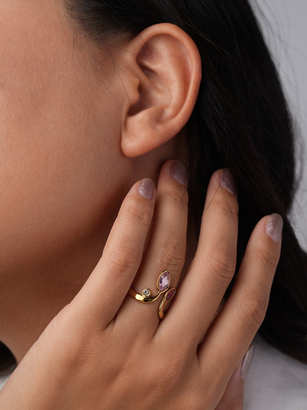 Blatt - Ring mit rosa Zirkonia Gold - Dorose | Wasserresistent, kein Verfärben