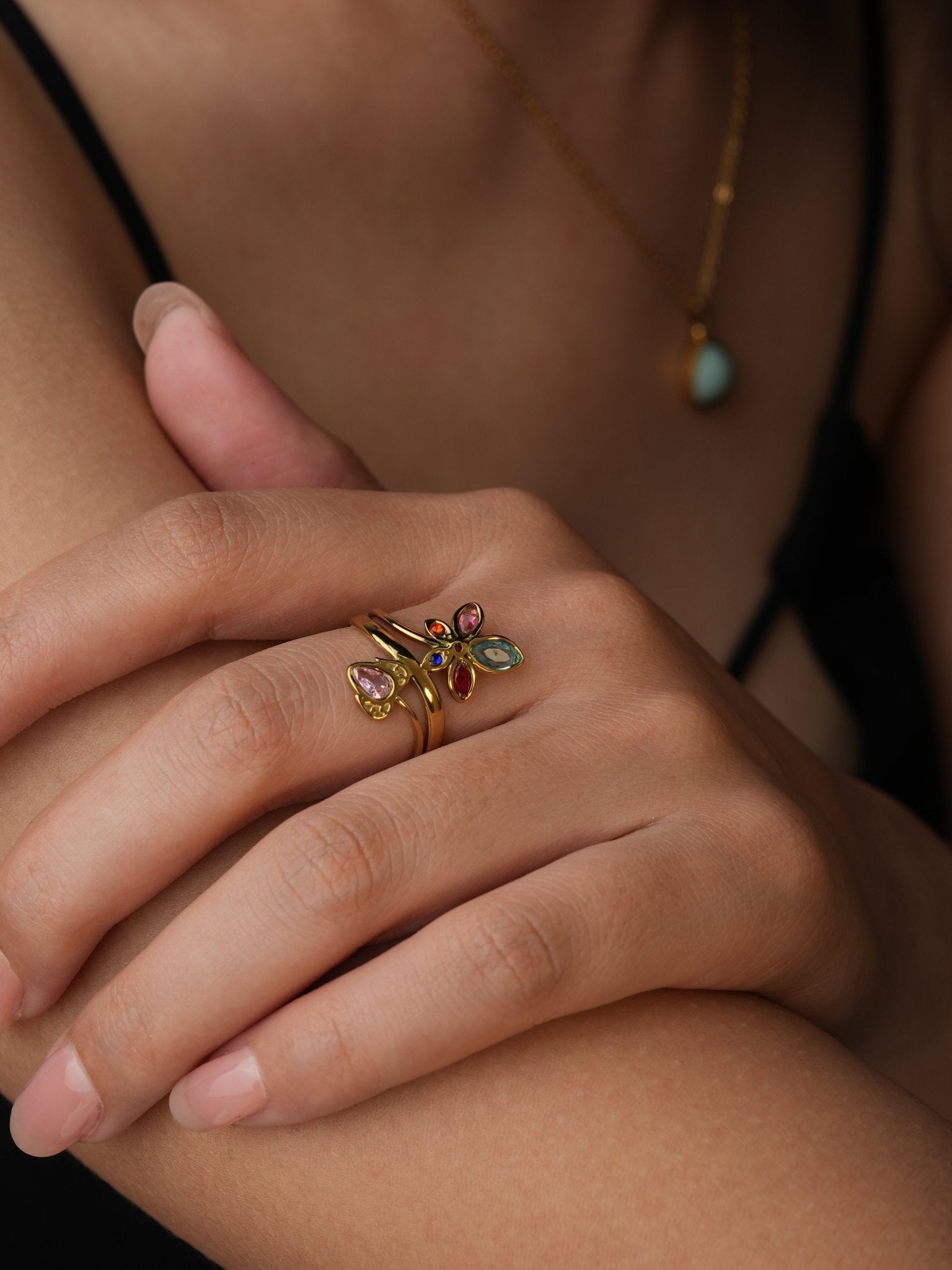 Bunter Blumen Ring Gold mit Zirkonia - Dorose | Wasserresistent, kein Verfärben