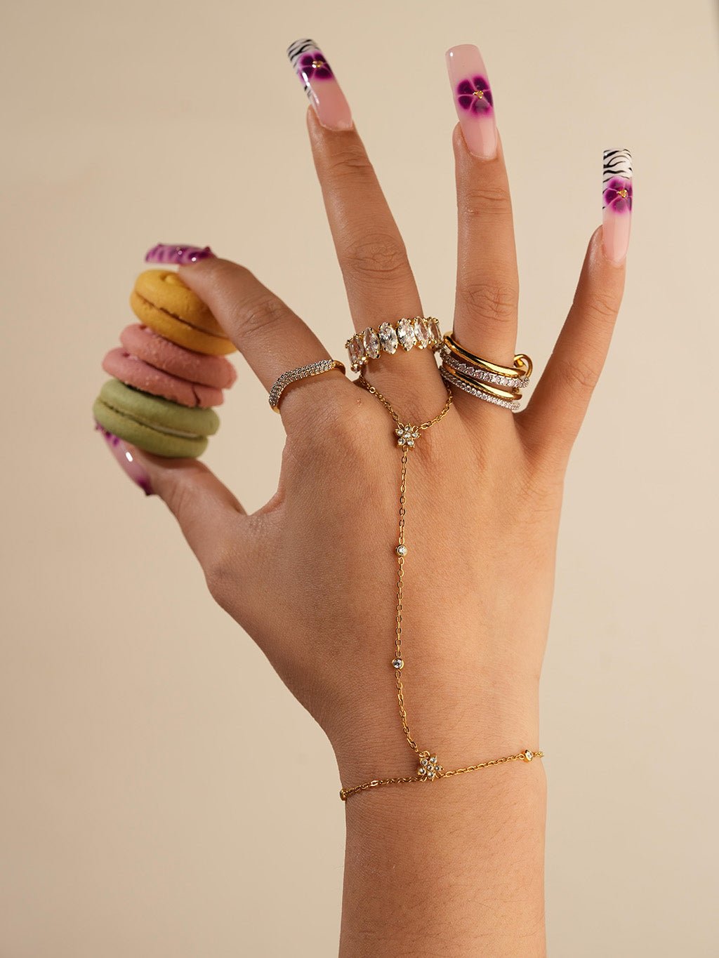 Doppel - Blütenzirkonia Finger - Armband Gold - Dorose | Wasserresistent, kein Verfärben