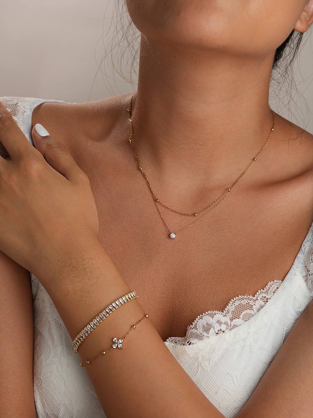 Doppelkette mit Goldperlen & Zirkonia - Anhänger Gold - Dorose | Wasserresistent, kein Verfärben