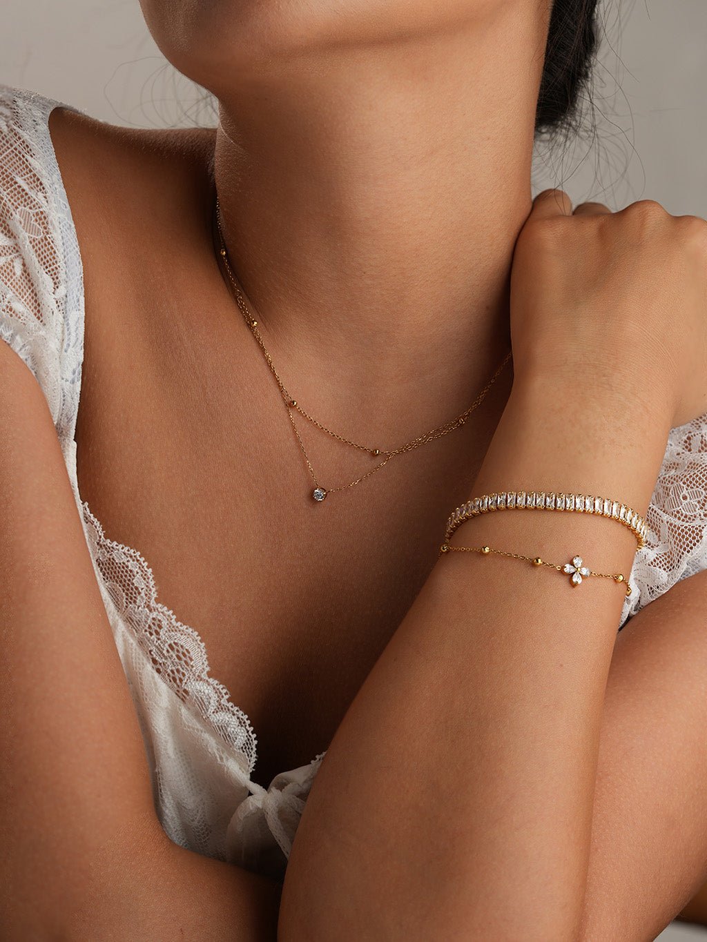 Doppelkette mit Goldperlen & Zirkonia - Anhänger Gold - Dorose | Wasserresistent, kein Verfärben