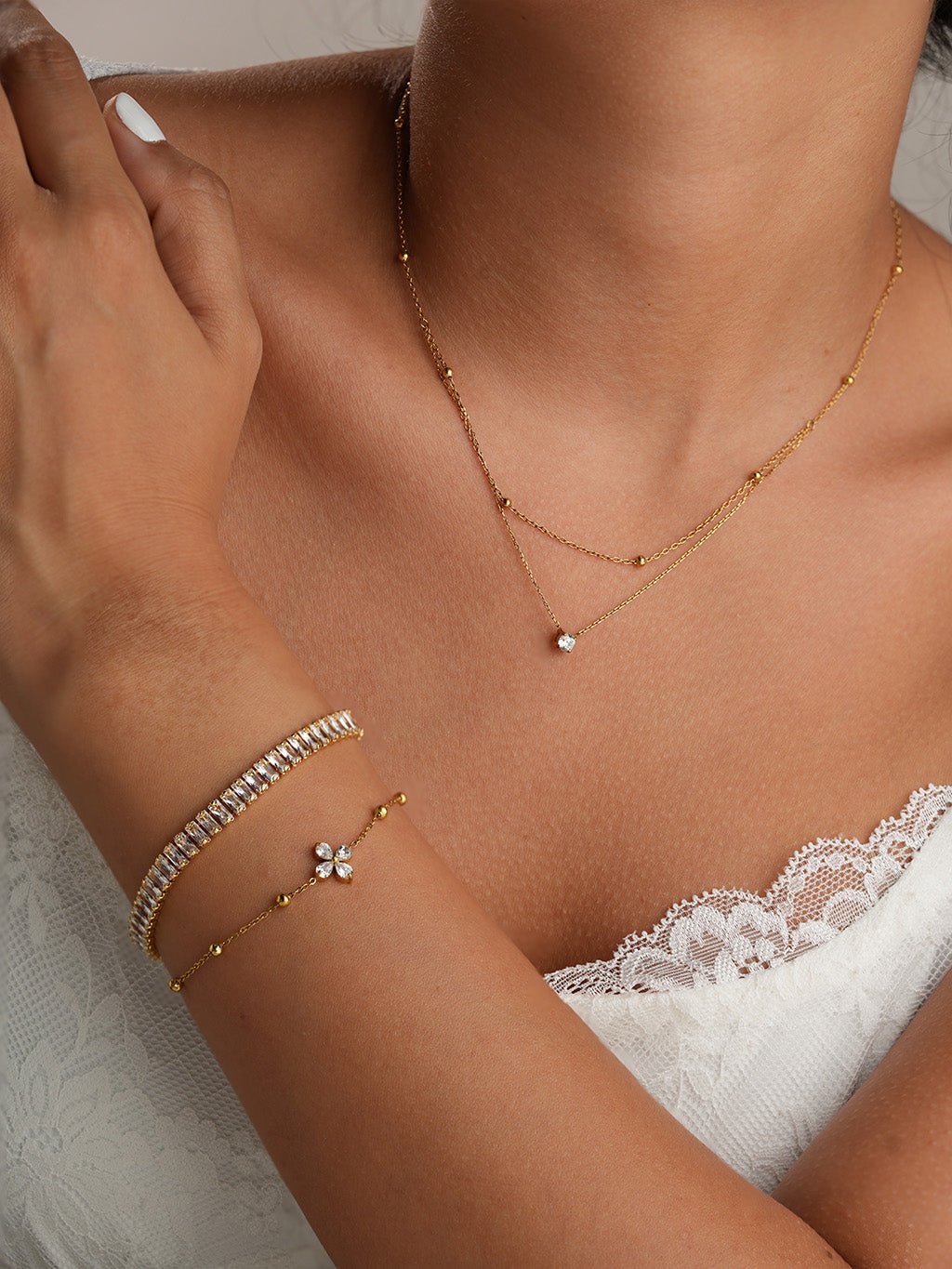 Doppelkette mit Goldperlen & Zirkonia - Anhänger Gold - Dorose | Wasserresistent, kein Verfärben