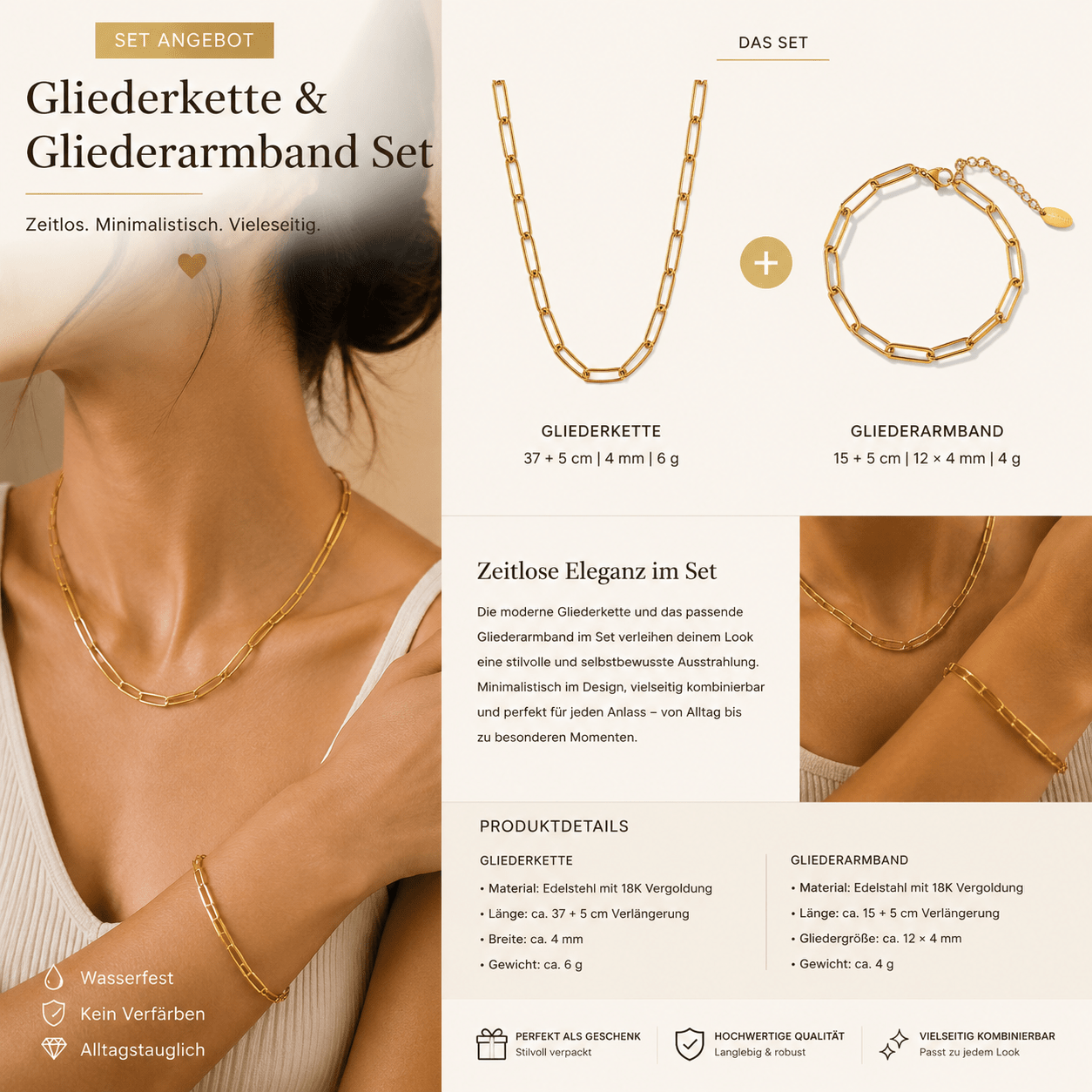 Gliederkette & Gliederarmband Set Gold - Dorose | Wasserresistent, kein Verfärben