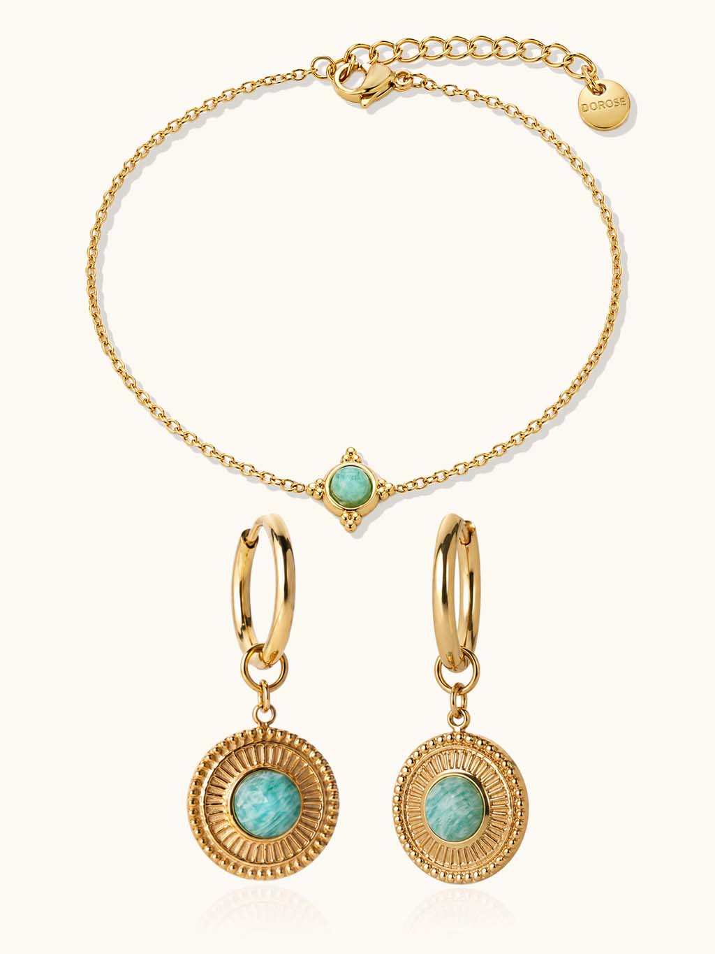 Ocean Light Armband & Amazonit Medaillon Creolen Schmuck Set - Dorose | Wasserresistent, kein Verfärben