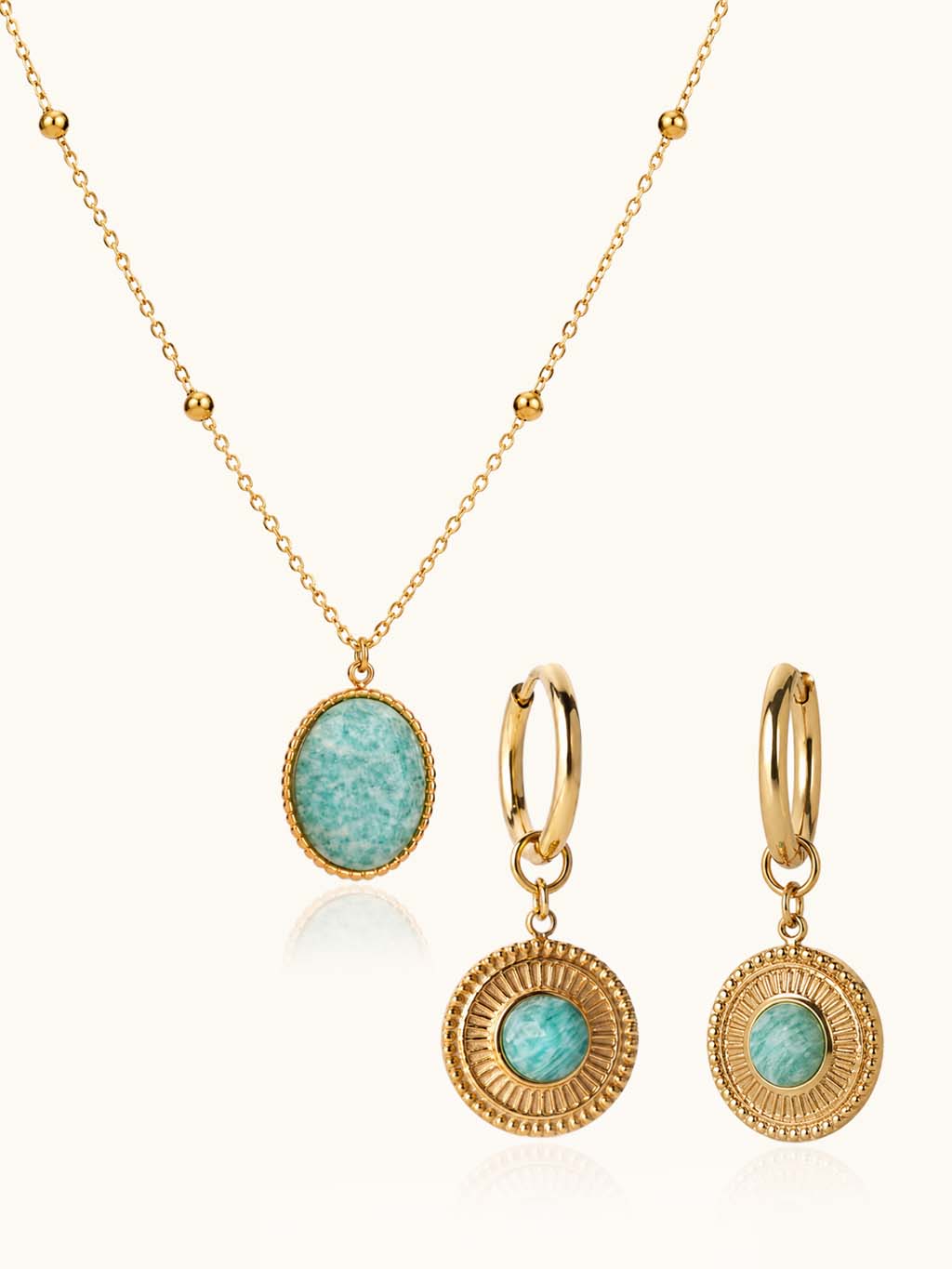 Ocean Mist Halskette & Amazonit Medaillon Creolen Schmuck Set - Dorose | Wasserresistent, kein Verfärben