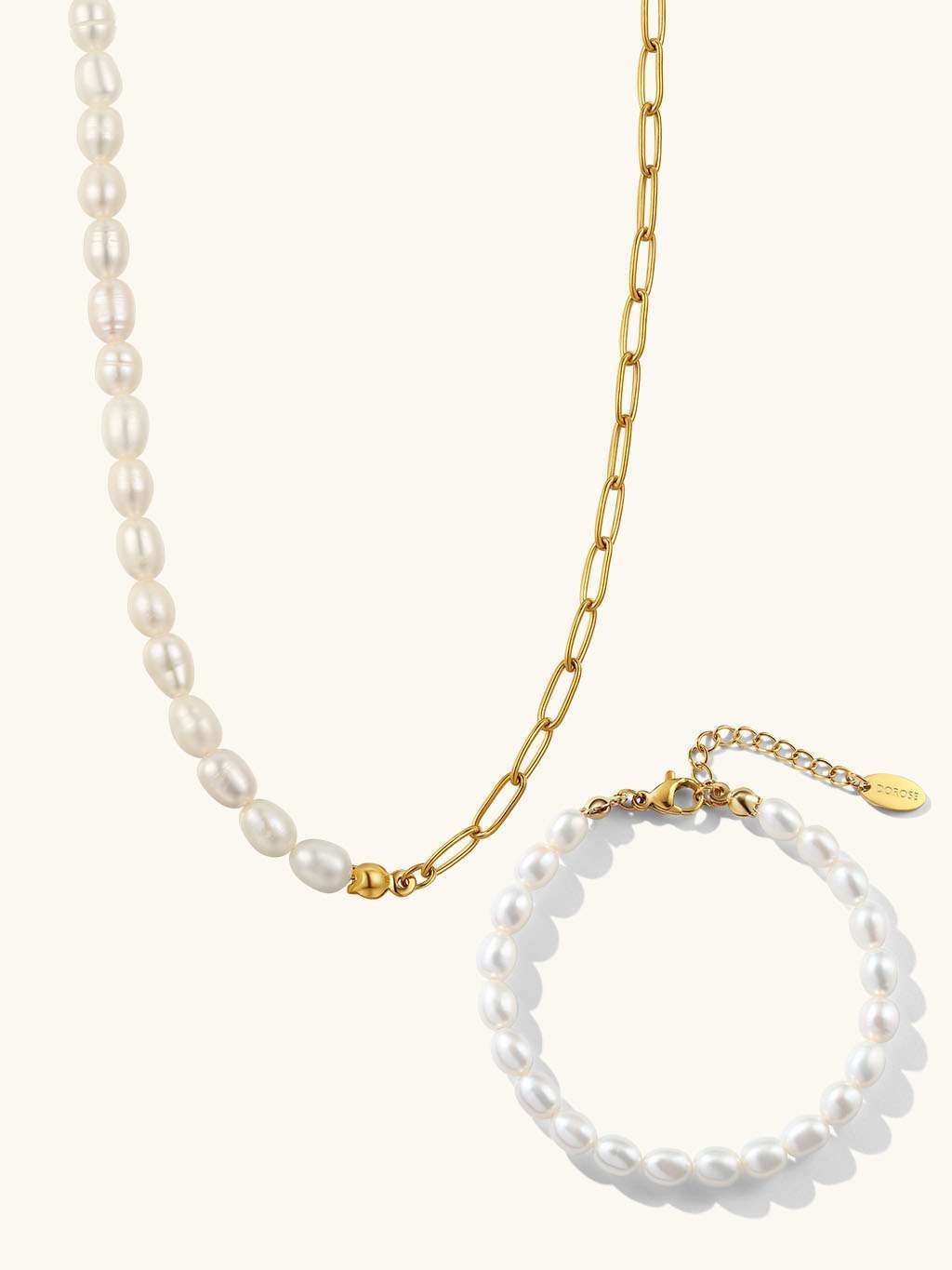 Perlen Glieder Kette & Classic Armband Schmuck Set - Dorose | Wasserfester Schmuck, 18K vergoldet