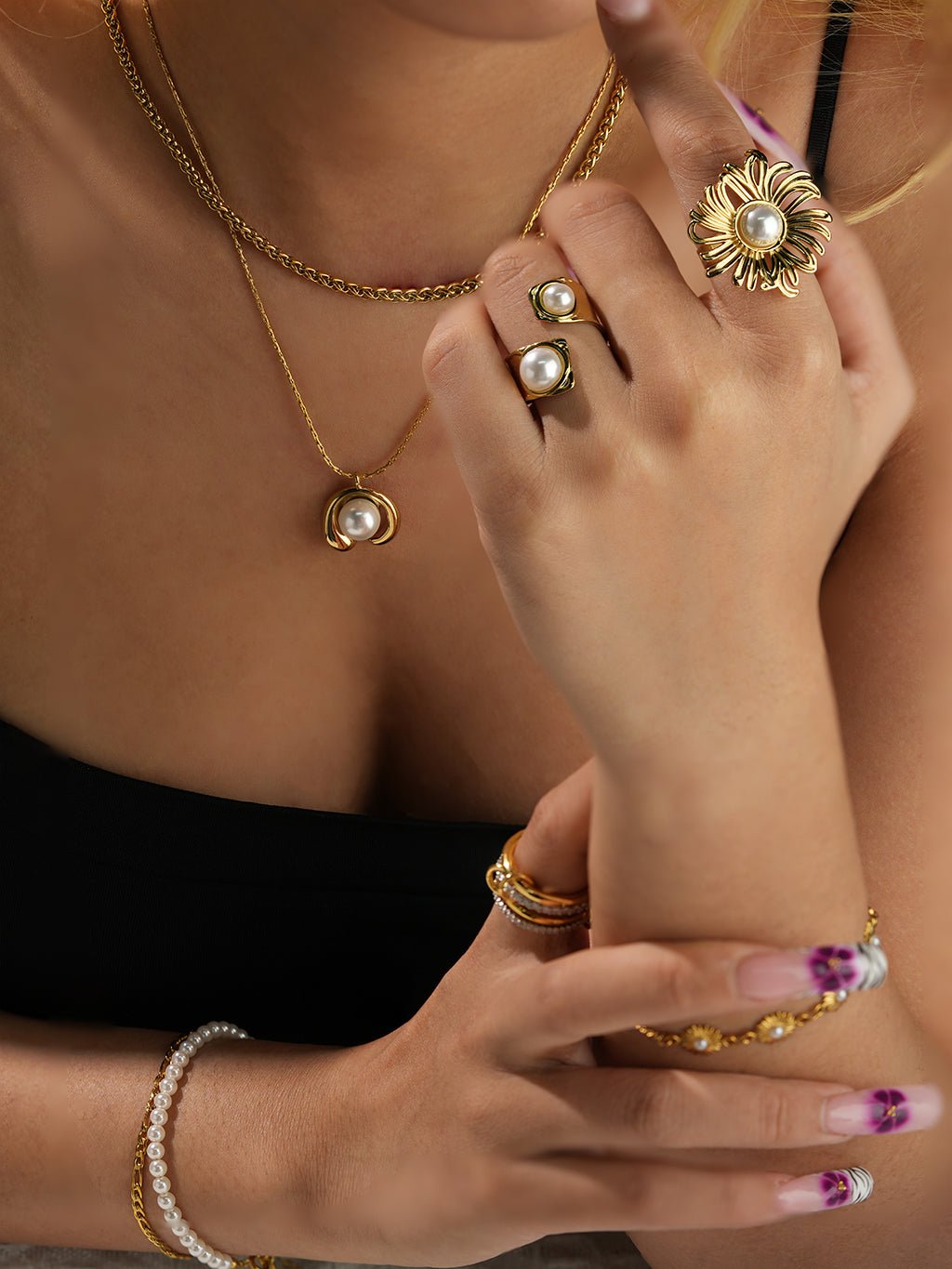 Umarmende Doppelperle Ring Gold - Dorose | Wasserresistent, kein Verfärben