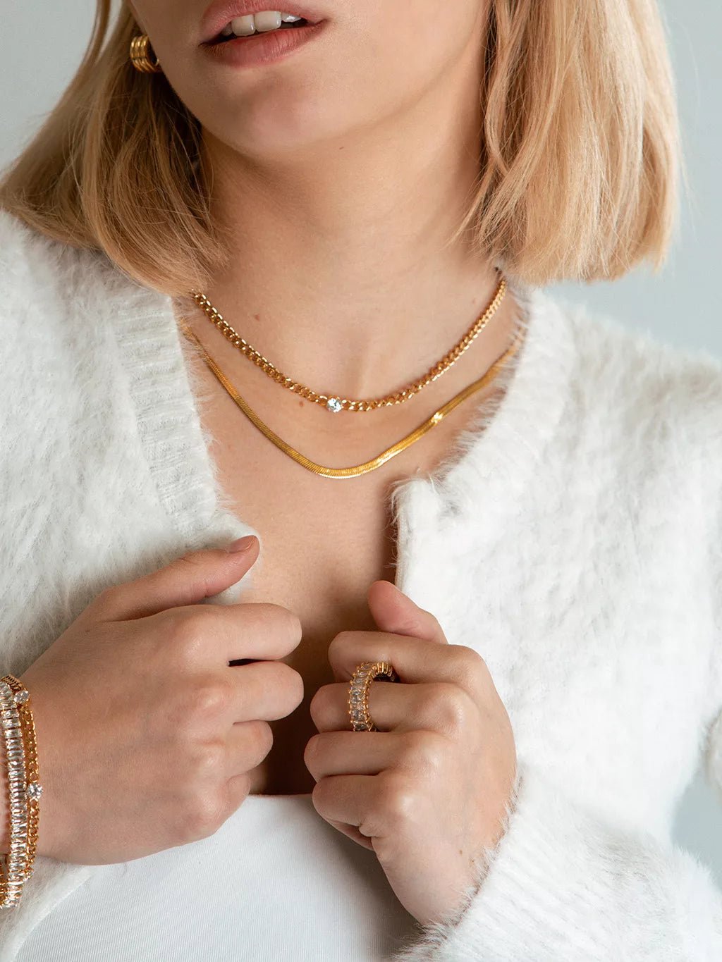 Umwerfendes Set: Panzerkette + Armband mit Zirkoniasteinen - Dorose | Wasserfester Schmuck, 18K vergoldet