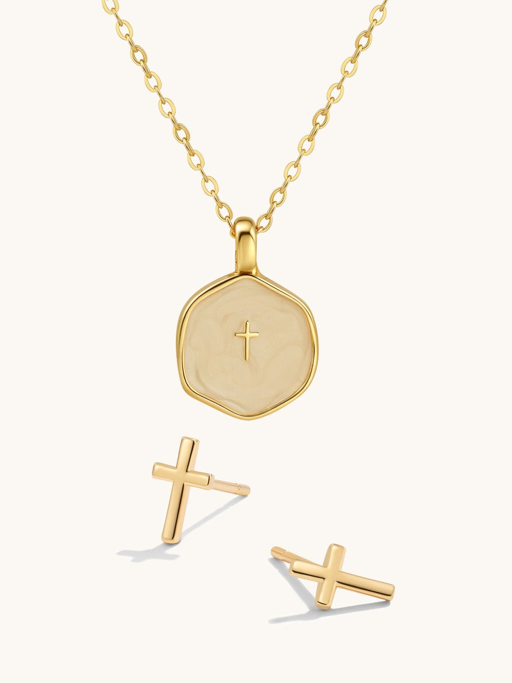 Weiße Perlmutt Kreuz Halskette & Ohrringe Schmuck Set - Dorose | Wasserresistent, kein Verfärben